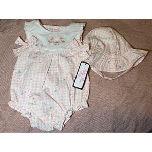 NWT Little Lass Baby Girls Gingham Floral Romper and Sun Hat Set Pink White 0-3M